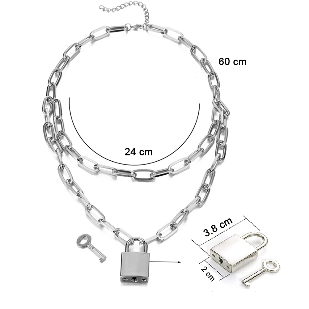 Padlock Necklace Lock Chain for Men Women Personality punk hip hop fashion  lock double thick chain sweater chain,Silver 